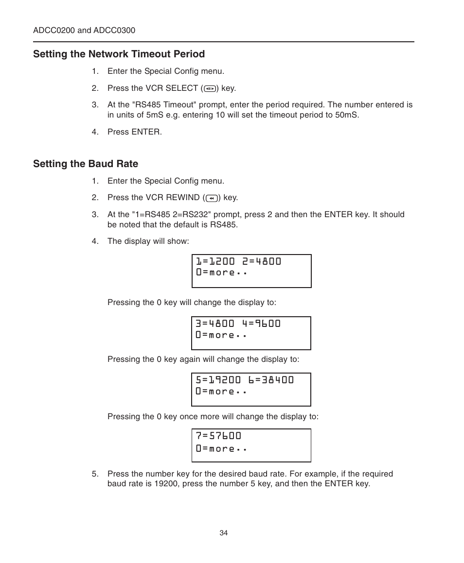 Setting the network timeout period, Setting the baud rate, Baud rate | Network timeout period | American Dynamics ControlCenter ADCC0200 User Manual | Page 42 / 56