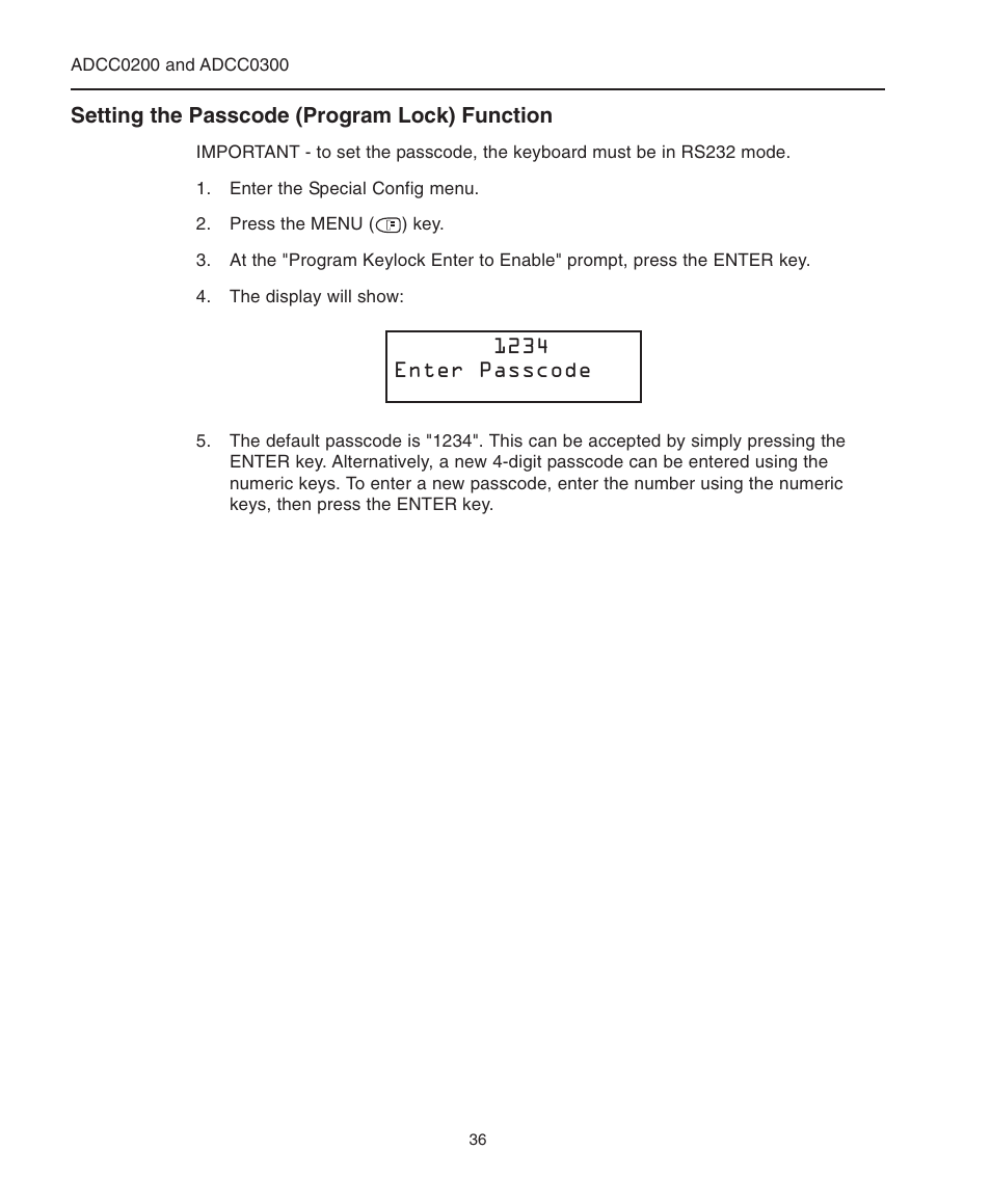 Setting the passcode (program lock) function, Setting the passcode | American Dynamics ControlCenter ADCC0200 User Manual | Page 44 / 56