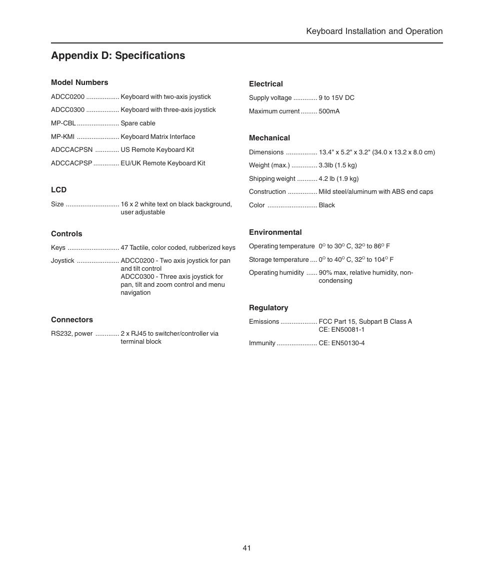 Appendix d: specifications, Keyboard installation and operation | American Dynamics ControlCenter ADCC0200 User Manual | Page 49 / 56