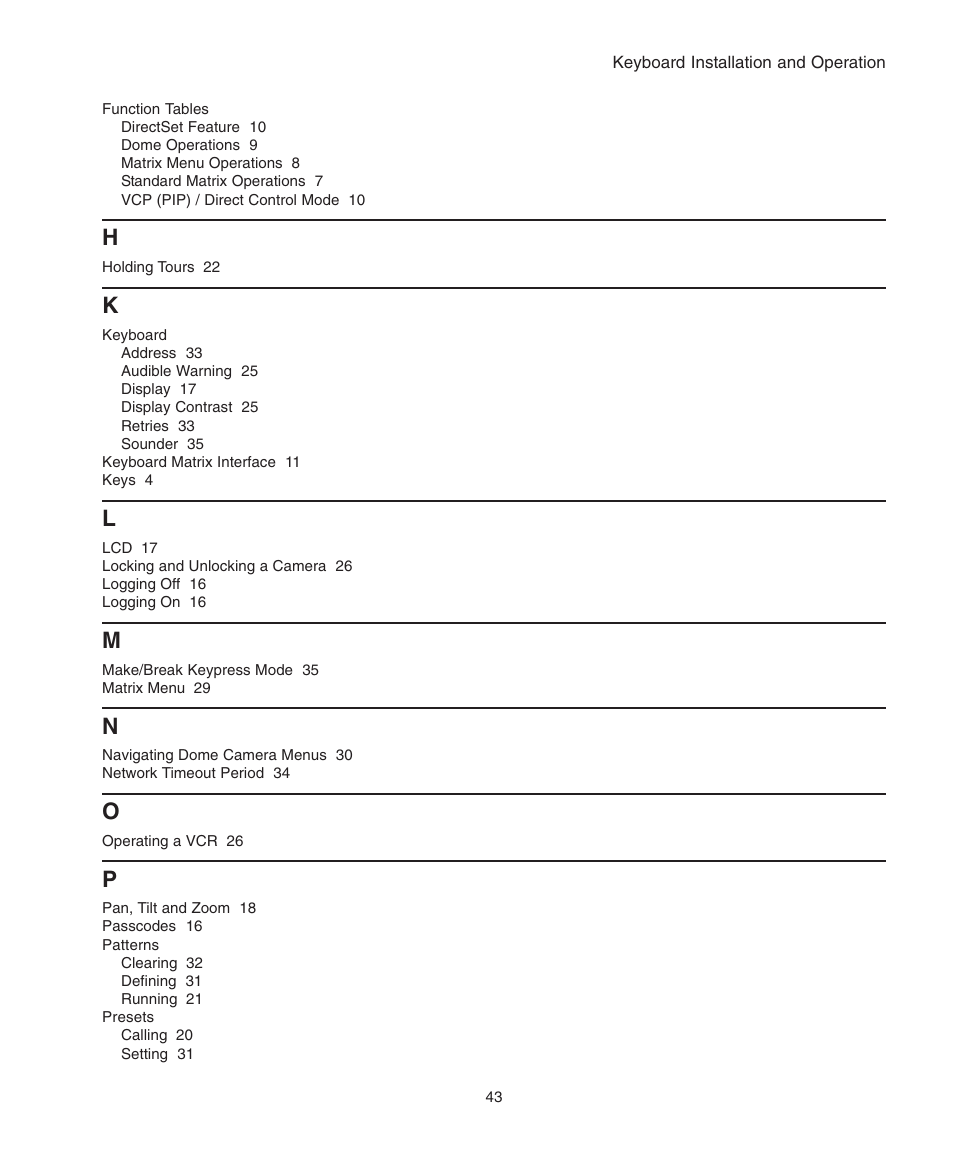 Function tables, Keyboard, Patterns | Presets | American Dynamics ControlCenter ADCC0200 User Manual | Page 51 / 56