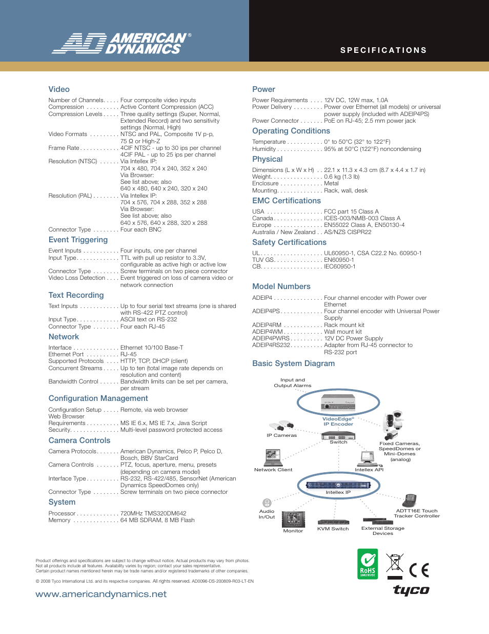 Event triggering, Text recording, Network | Configuration management, Camera controls, System, Power, Operating conditions, Physical, Emc certifications | American Dynamics VideoEdge User Manual | Page 2 / 2