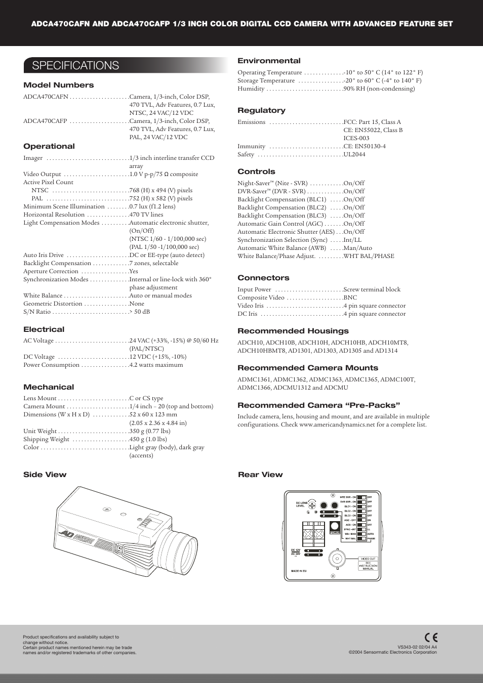 Specifications | American Dynamics ADCA470CAFP User Manual | Page 2 / 2