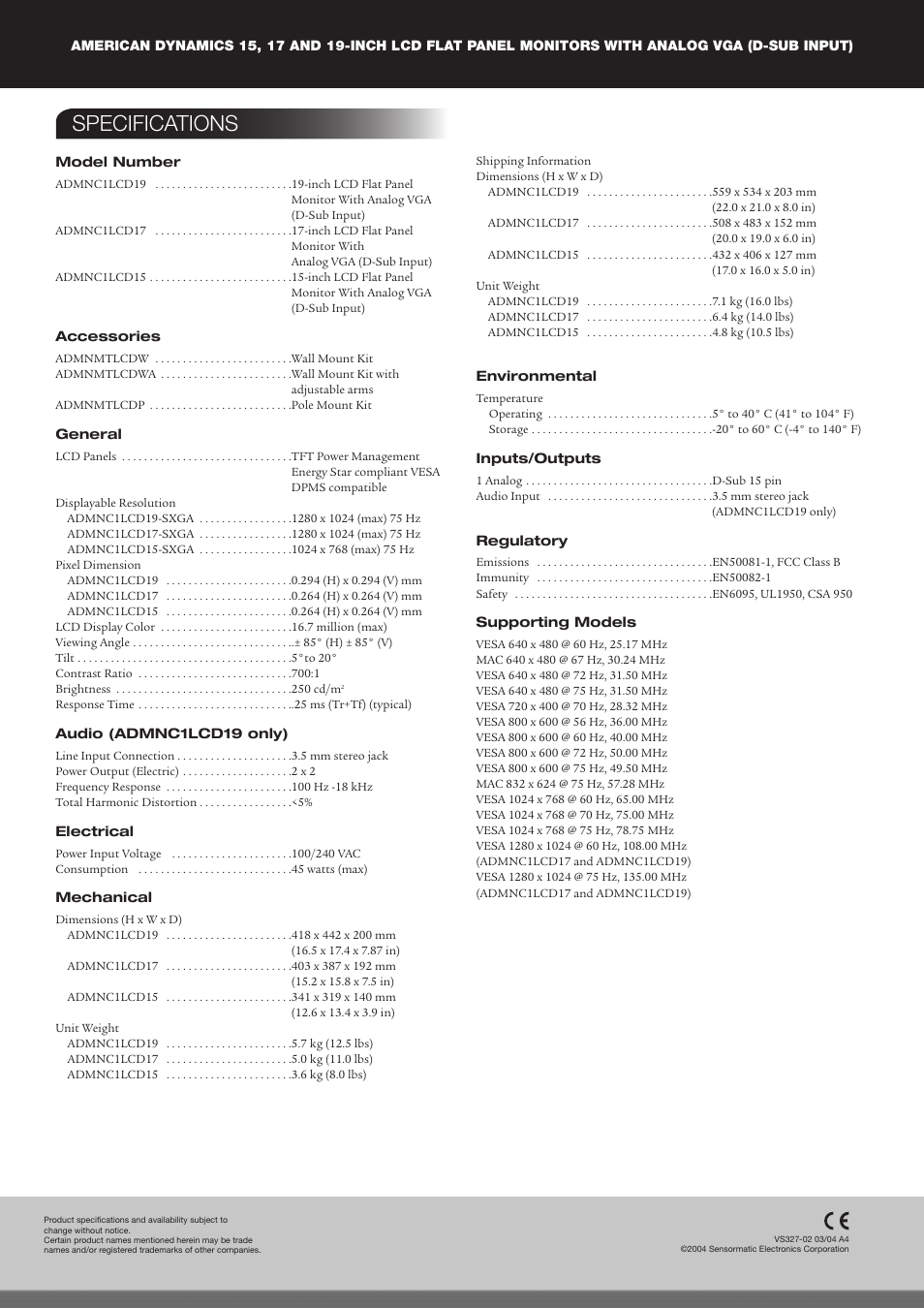 Specifications | American Dynamics 17 and 19-inch User Manual | Page 2 / 2