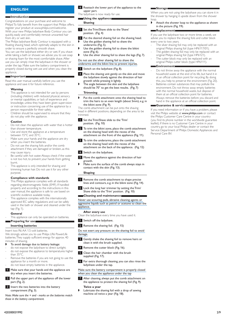 English | Philips Body Contour Ladyshave User Manual | Page 2 / 9