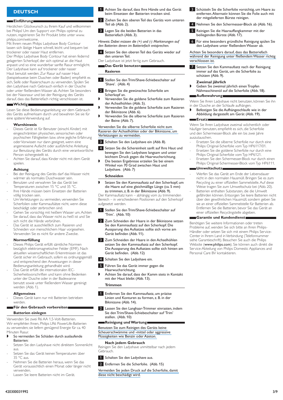 Deutsch | Philips Body Contour Ladyshave User Manual | Page 3 / 9