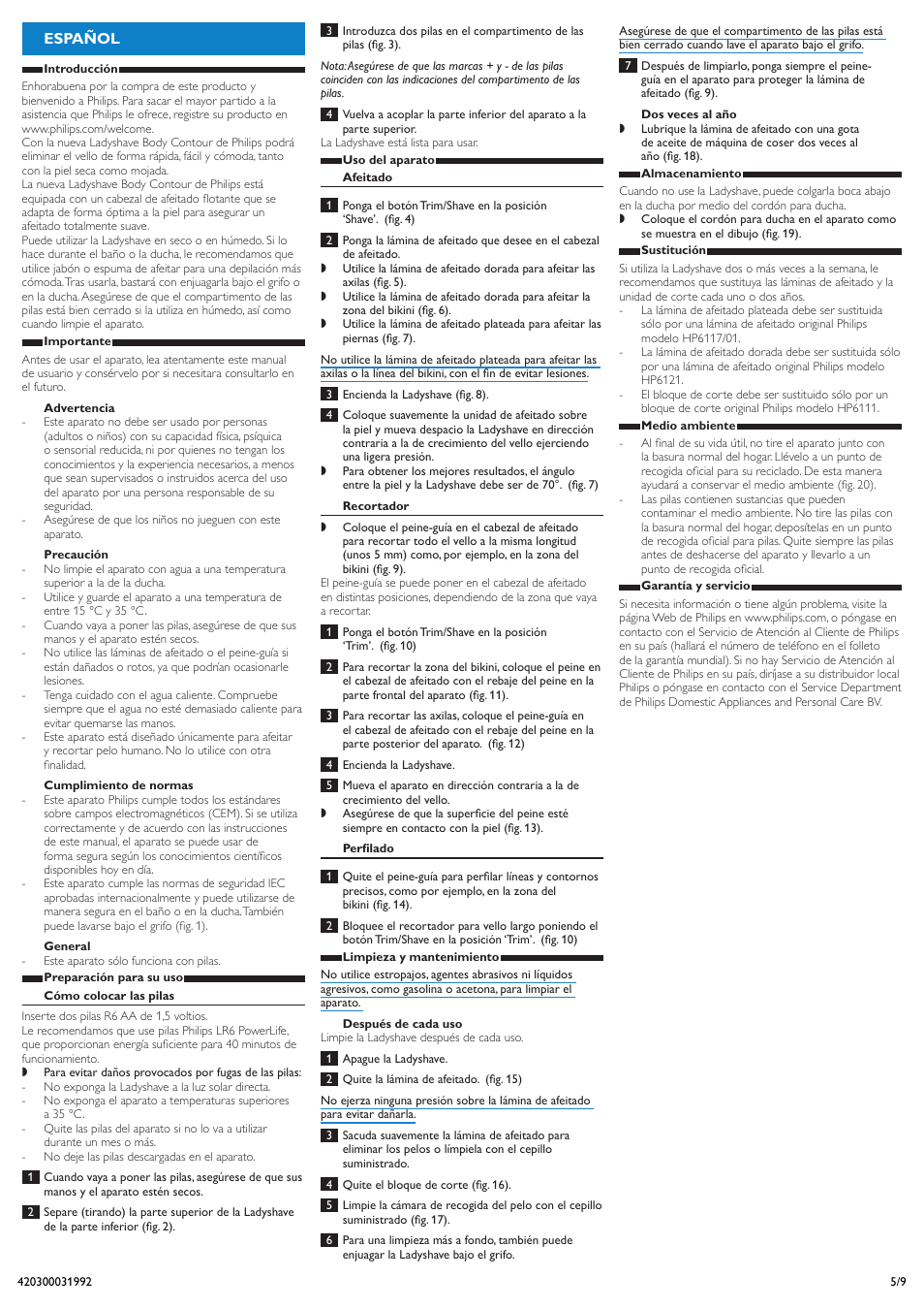 Español | Philips Body Contour Ladyshave User Manual | Page 5 / 9