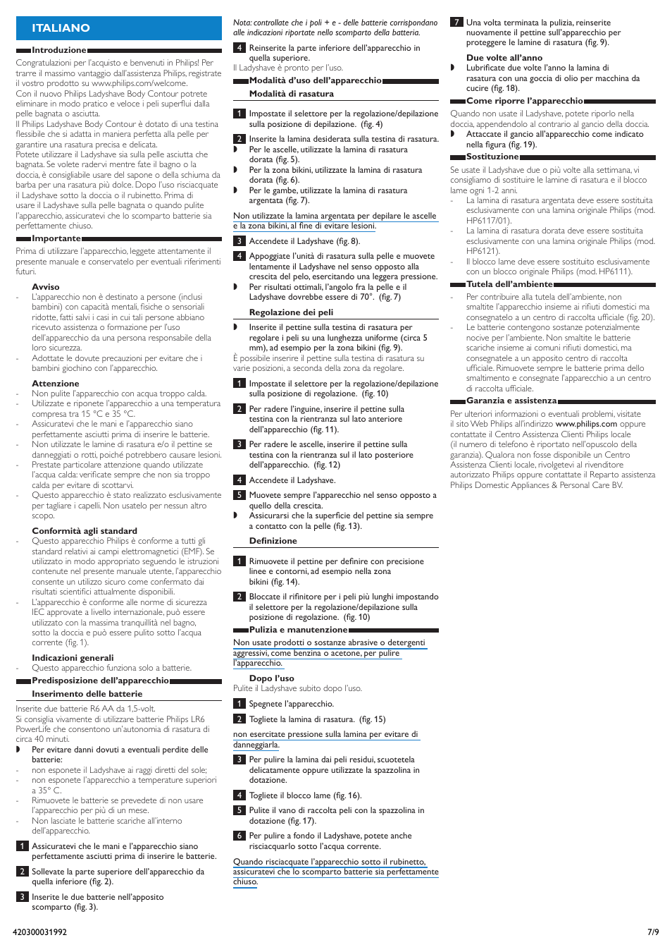 Italiano | Philips Body Contour Ladyshave User Manual | Page 7 / 9