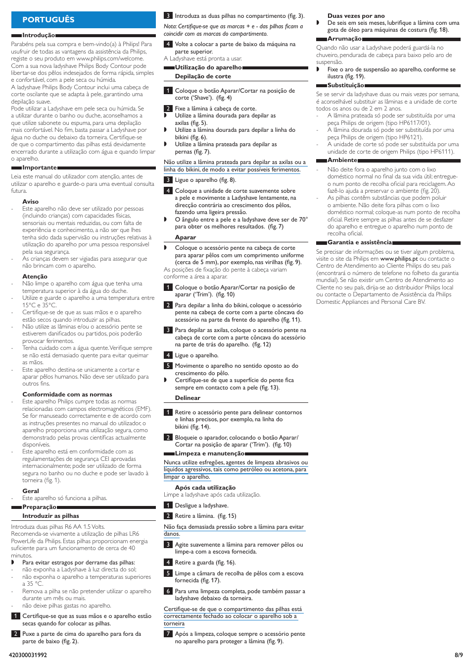 Português | Philips Body Contour Ladyshave User Manual | Page 8 / 9