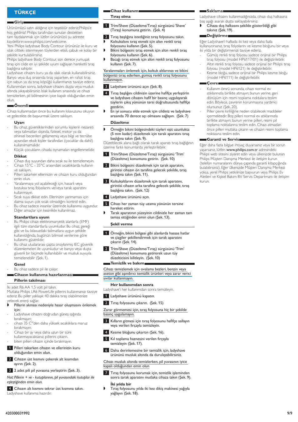 Türkçe | Philips Body Contour Ladyshave User Manual | Page 9 / 9