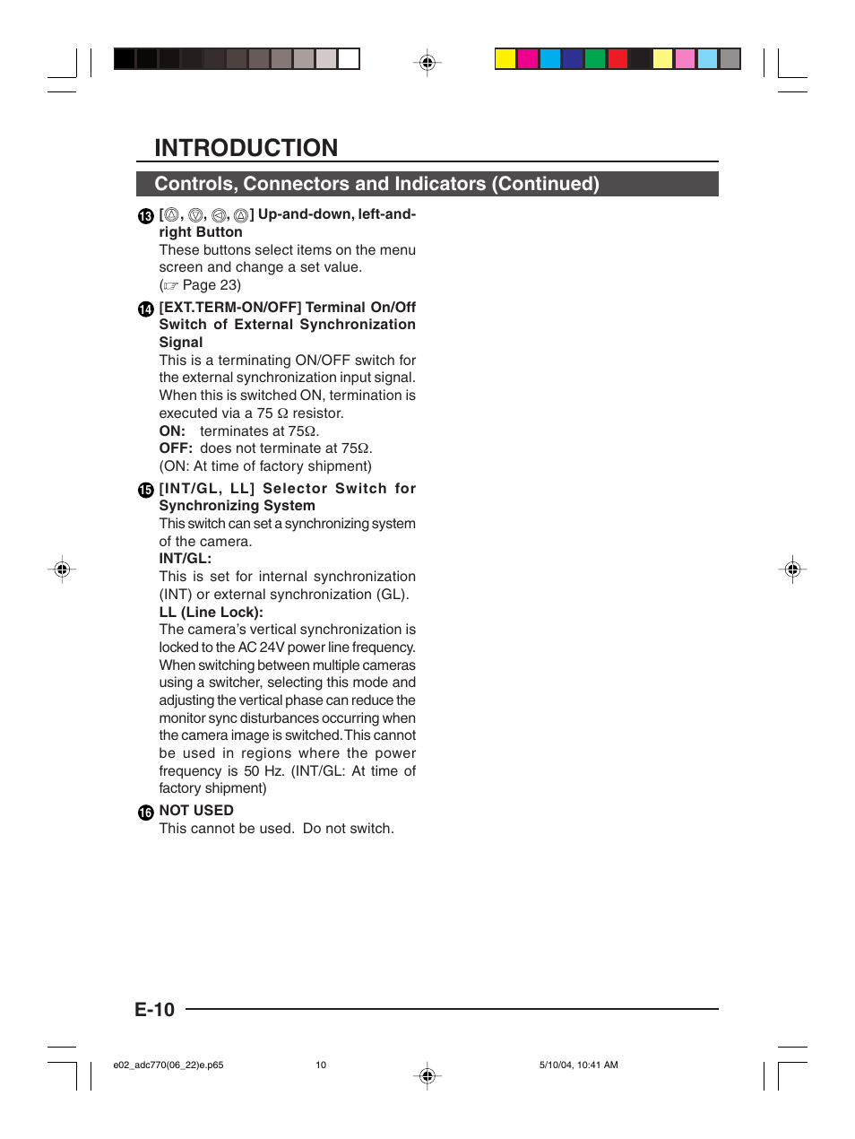 Introduction, E-10, Controls, connectors and indicators (continued) | American Dynamics ADC770 User Manual | Page 10 / 40