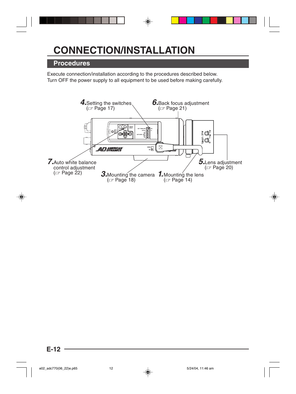 Connection/installation, E-12, Procedures | American Dynamics ADC770 User Manual | Page 12 / 40
