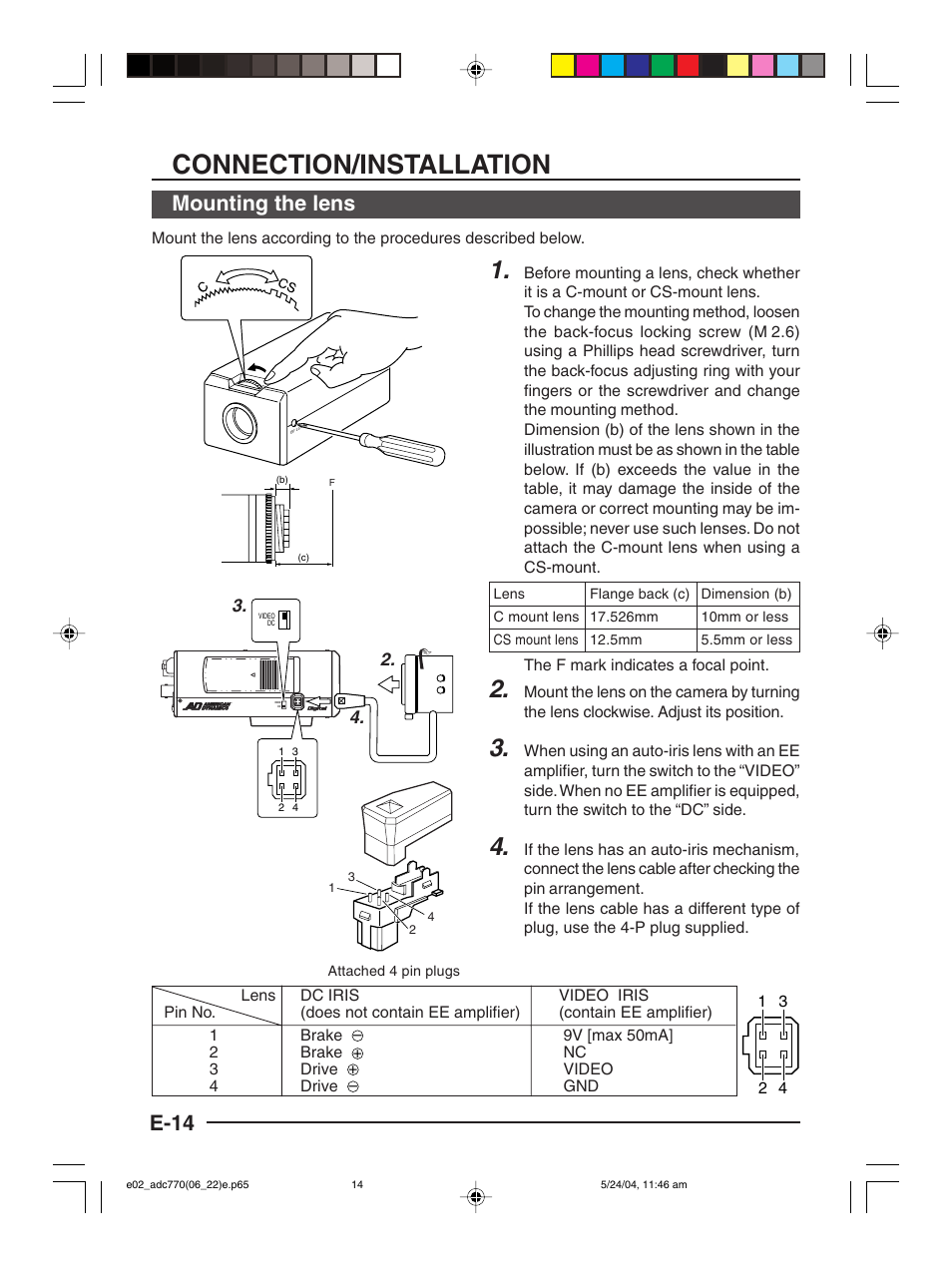 Connection/installation, E-14, Mounting the lens | American Dynamics ADC770 User Manual | Page 14 / 40