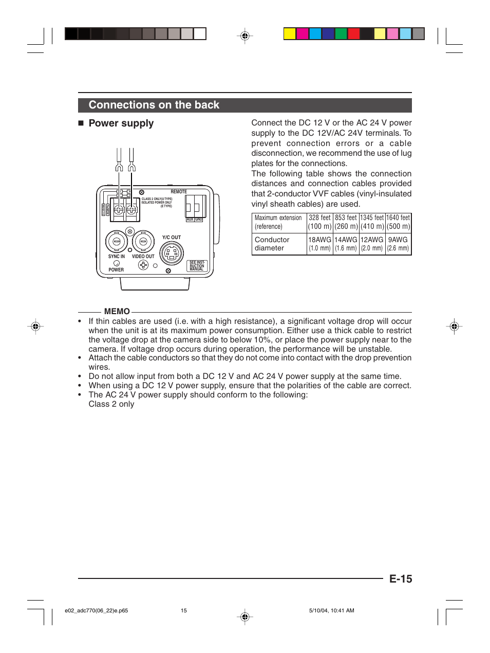 E-15, Connections on the back, Power supply | American Dynamics ADC770 User Manual | Page 15 / 40