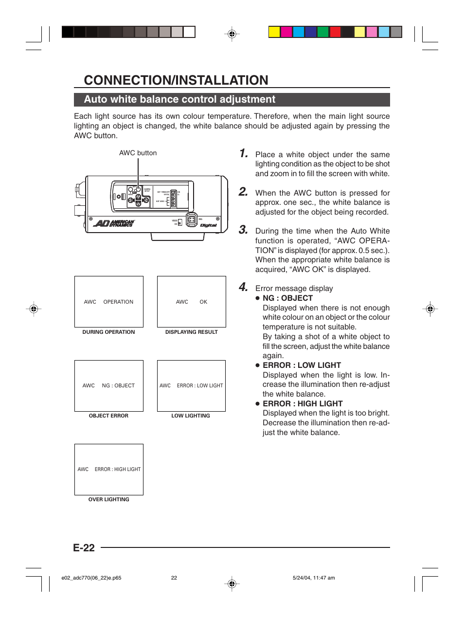 Connection/installation, E-22, Auto white balance control adjustment | American Dynamics ADC770 User Manual | Page 22 / 40