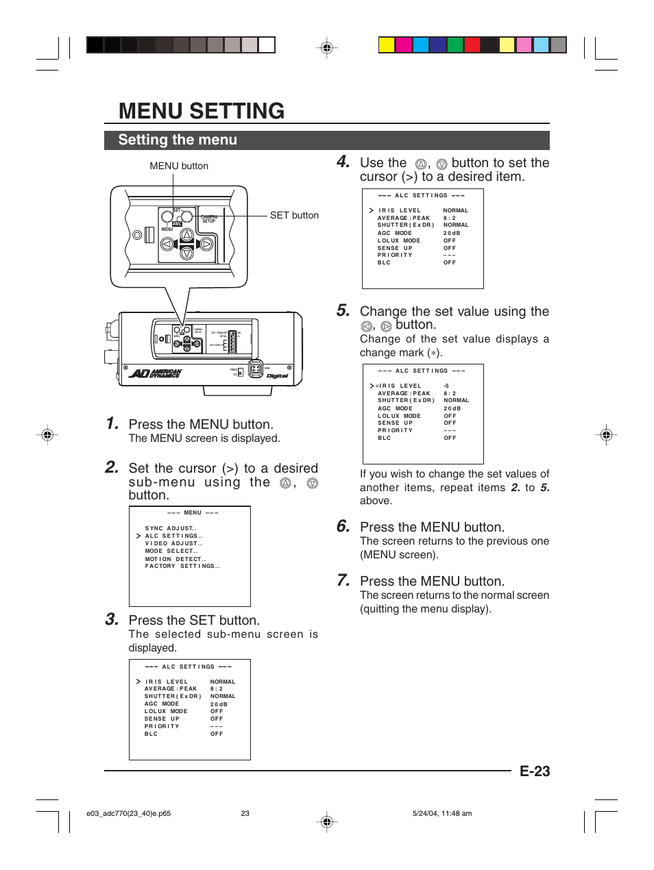 Menu setting, E-23, Setting the menu | Press the menu button, Press the set button, Change the set value using the , button, The menu screen is displayed, The selected sub-menu screen is displayed, Menu button set button | American Dynamics ADC770 User Manual | Page 23 / 40