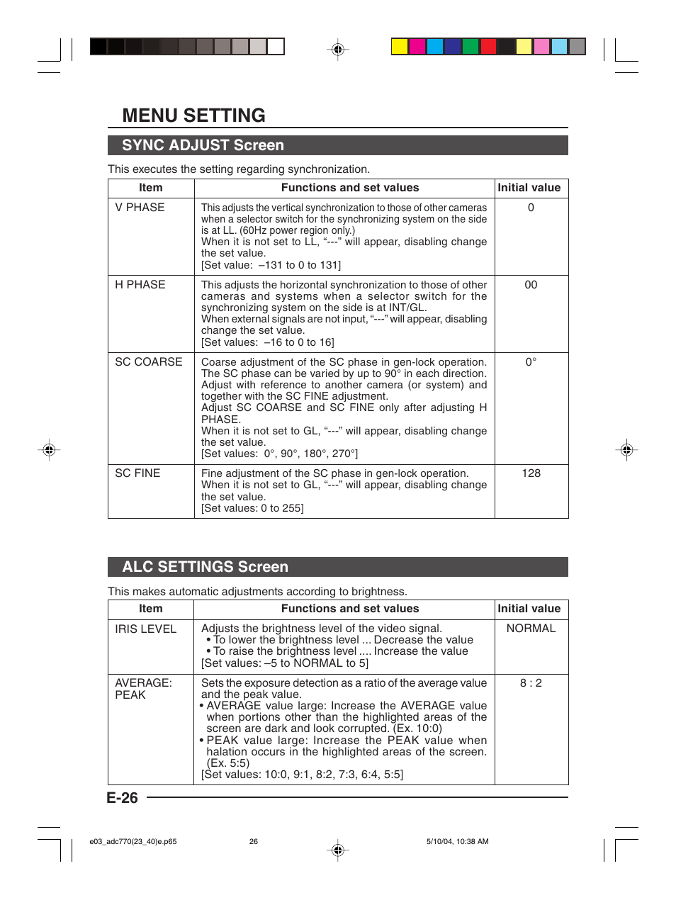 Menu setting, E-26, Sync adjust screen | Alc settings screen | American Dynamics ADC770 User Manual | Page 26 / 40