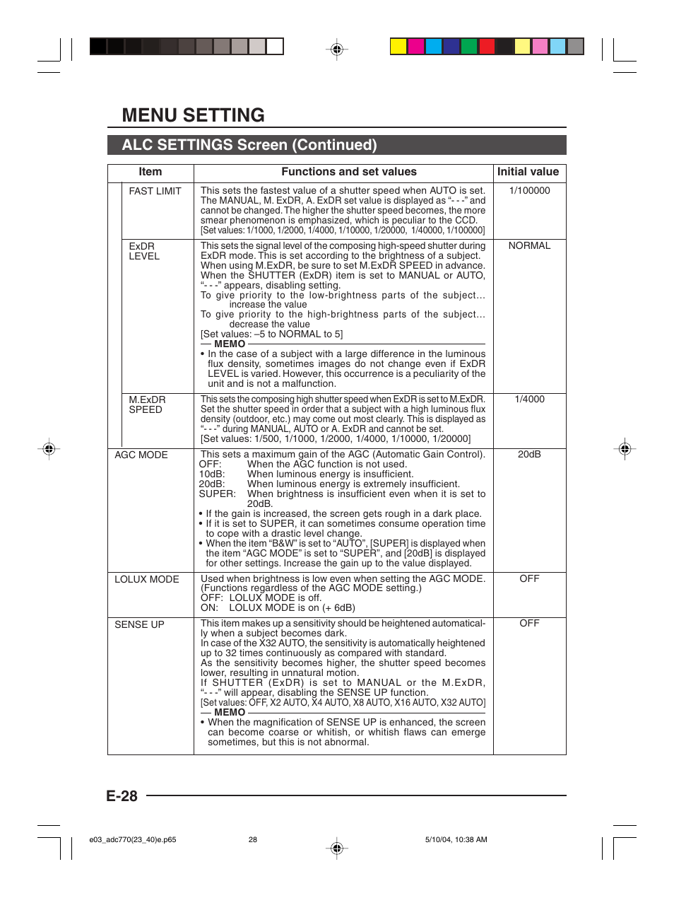 Menu setting, E-28 alc settings screen (continued) | American Dynamics ADC770 User Manual | Page 28 / 40