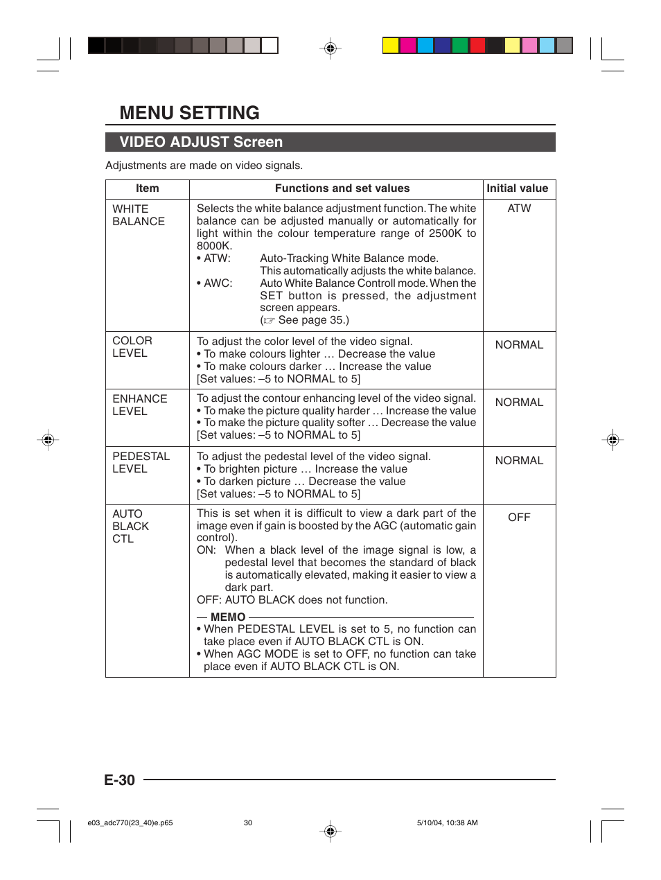 Menu setting, E-30, Video adjust screen | American Dynamics ADC770 User Manual | Page 30 / 40