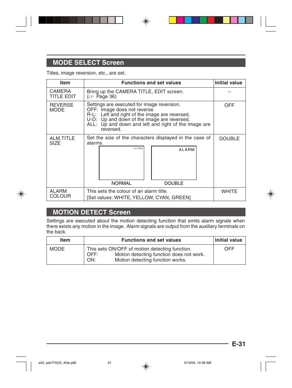 E-31 mode select screen, Motion detect screen | American Dynamics ADC770 User Manual | Page 31 / 40