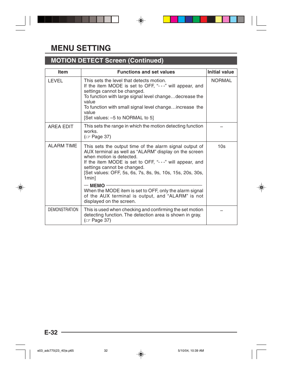 Menu setting, E-32, Motion detect screen (continued) | American Dynamics ADC770 User Manual | Page 32 / 40