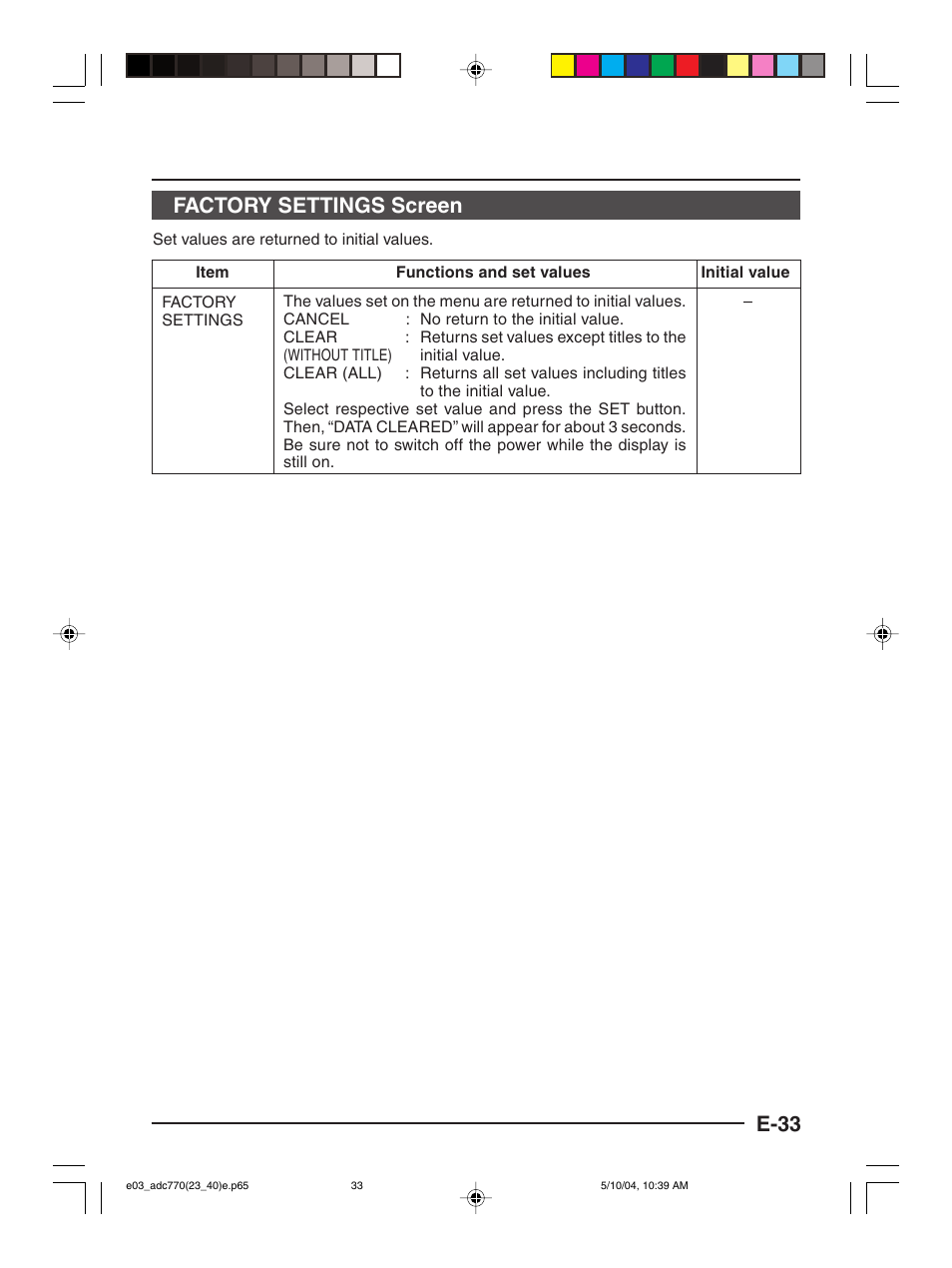 E-33, Factory settings screen | American Dynamics ADC770 User Manual | Page 33 / 40