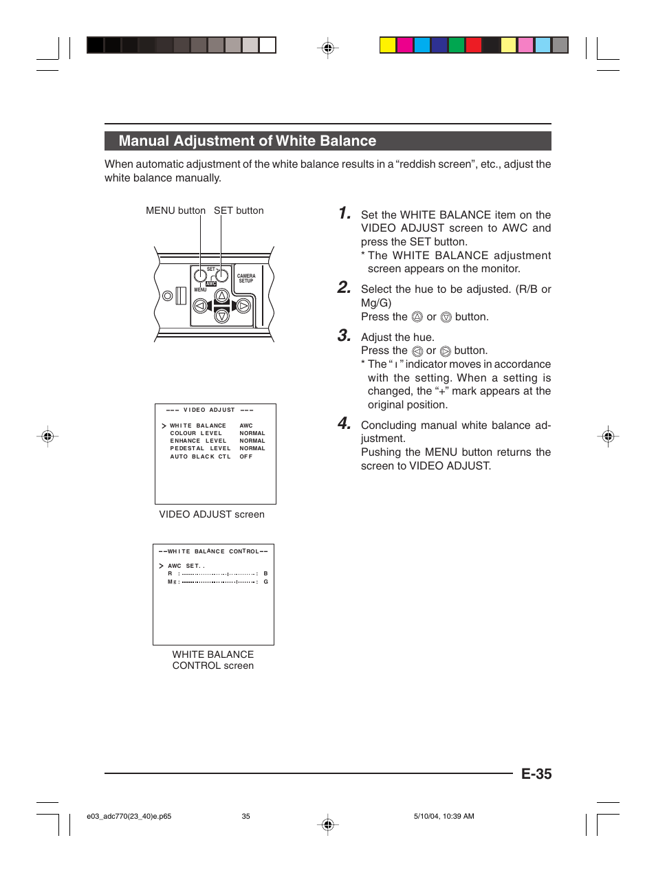 E-35 manual adjustment of white balance, Button | American Dynamics ADC770 User Manual | Page 35 / 40