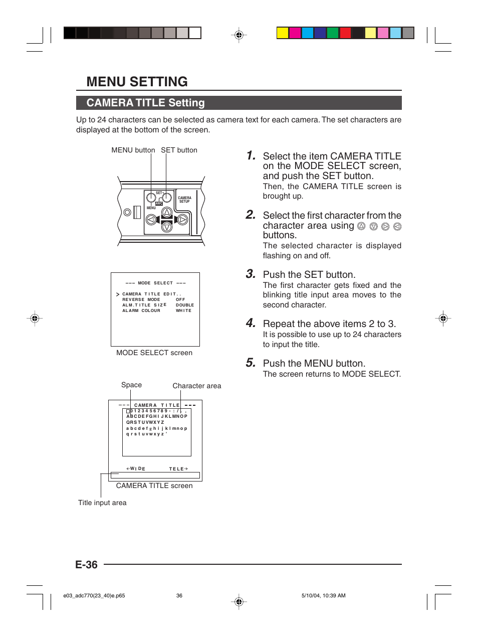 Menu setting, E-36, Camera title setting | Buttons, Push the set button, Repeat the above items 2 to 3, Push the menu button, Then, the camera title screen is brought up | American Dynamics ADC770 User Manual | Page 36 / 40