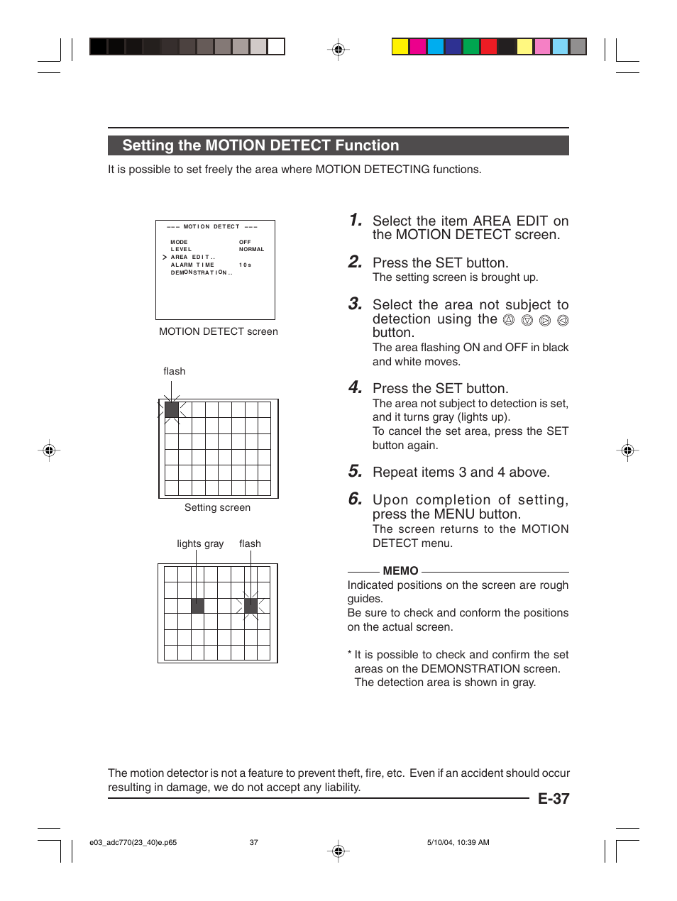 E-37 setting the motion detect function, Press the set button, Select the area not subject to detection using the | Button, Repeat items 3 and 4 above, Upon completion of setting, press the menu button | American Dynamics ADC770 User Manual | Page 37 / 40