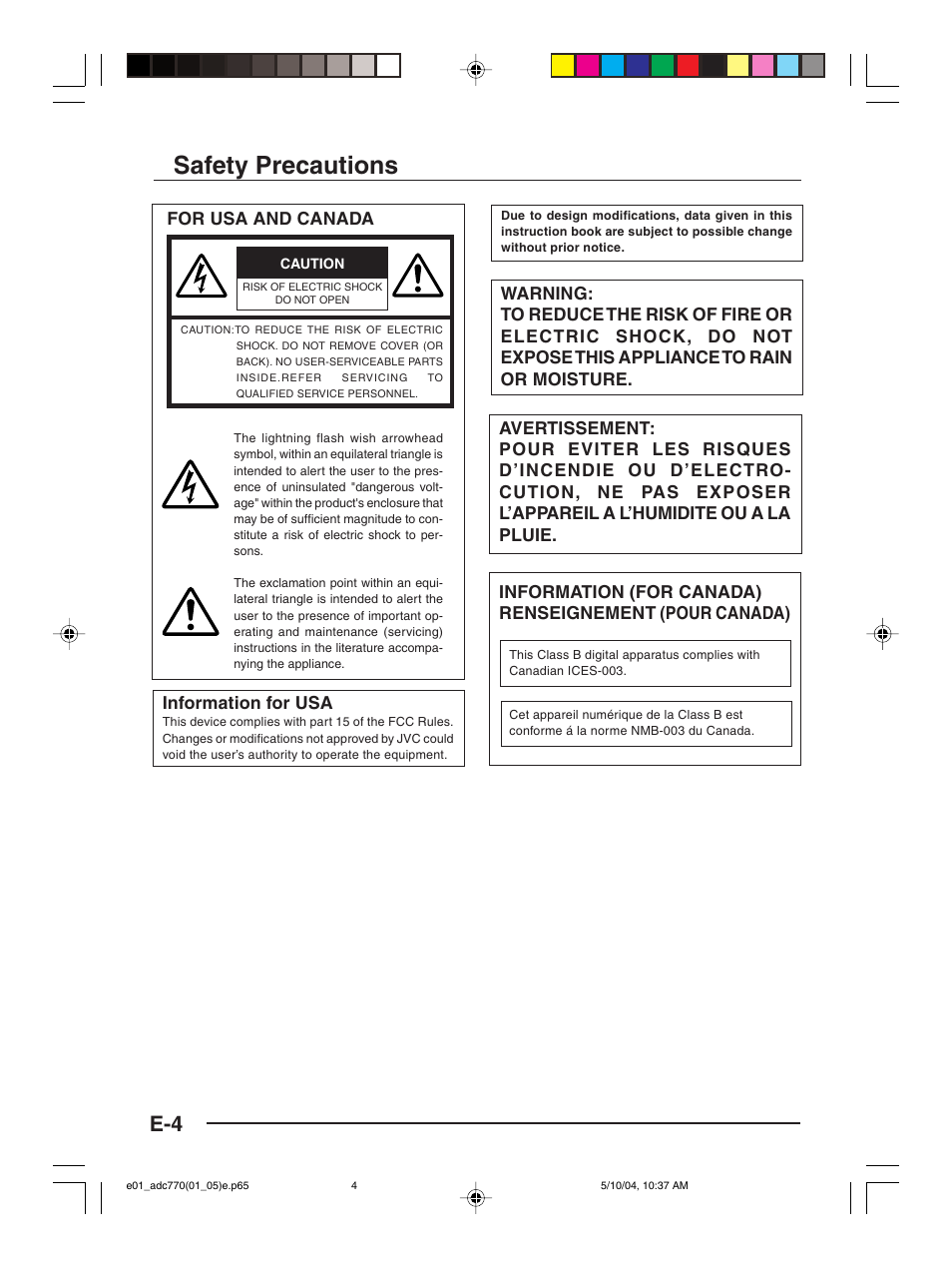 Safety precautions, For usa and canada, Information for usa | American Dynamics ADC770 User Manual | Page 4 / 40