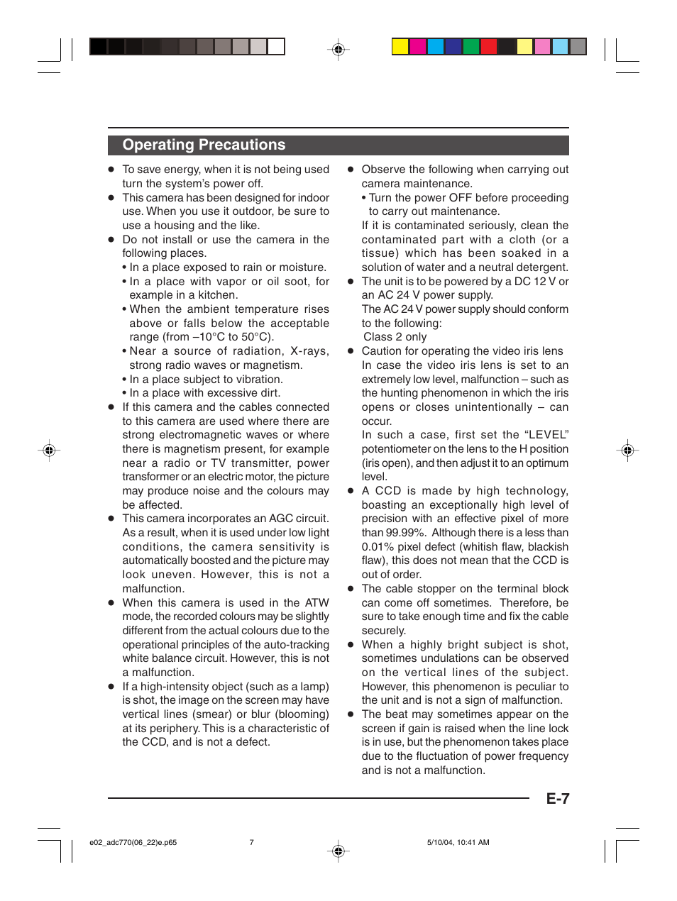 Operating precautions | American Dynamics ADC770 User Manual | Page 7 / 40
