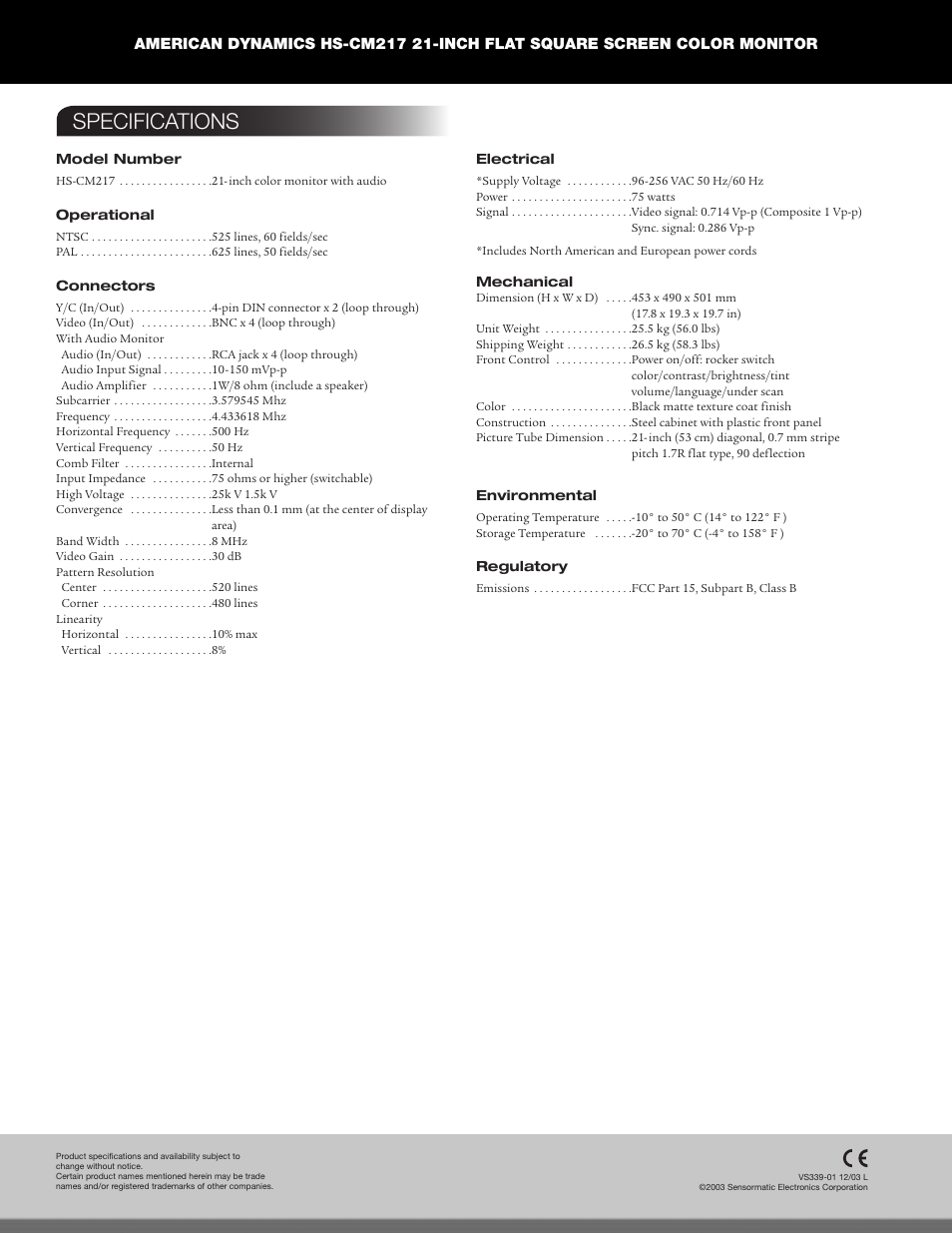 Specifications | American Dynamics Tyco HS-CM217 User Manual | Page 2 / 2