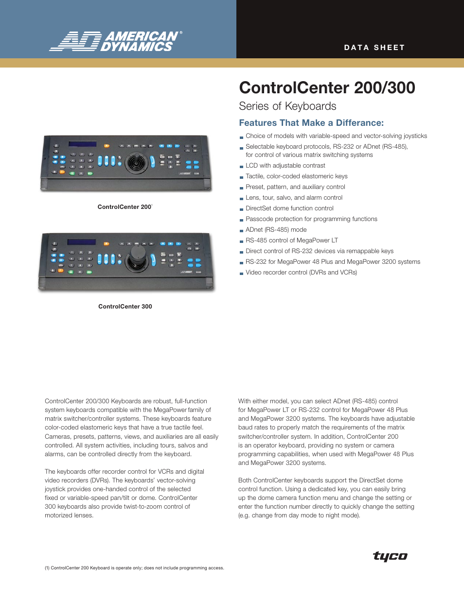 American Dynamics ControlCenter 200/300 Series User Manual | 2 pages