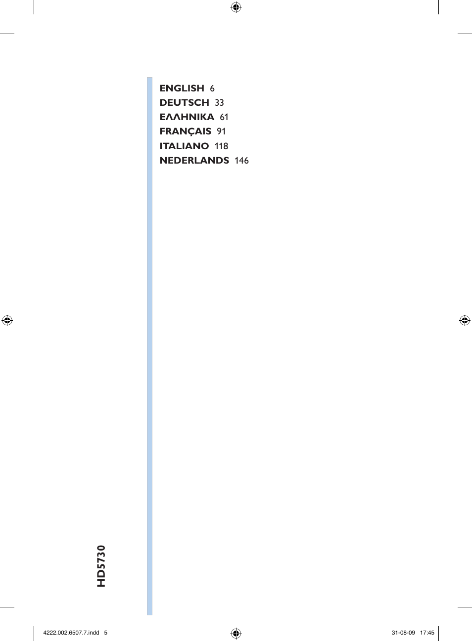 Hd5730 | Philips Kaffeevollautomat User Manual | Page 5 / 174