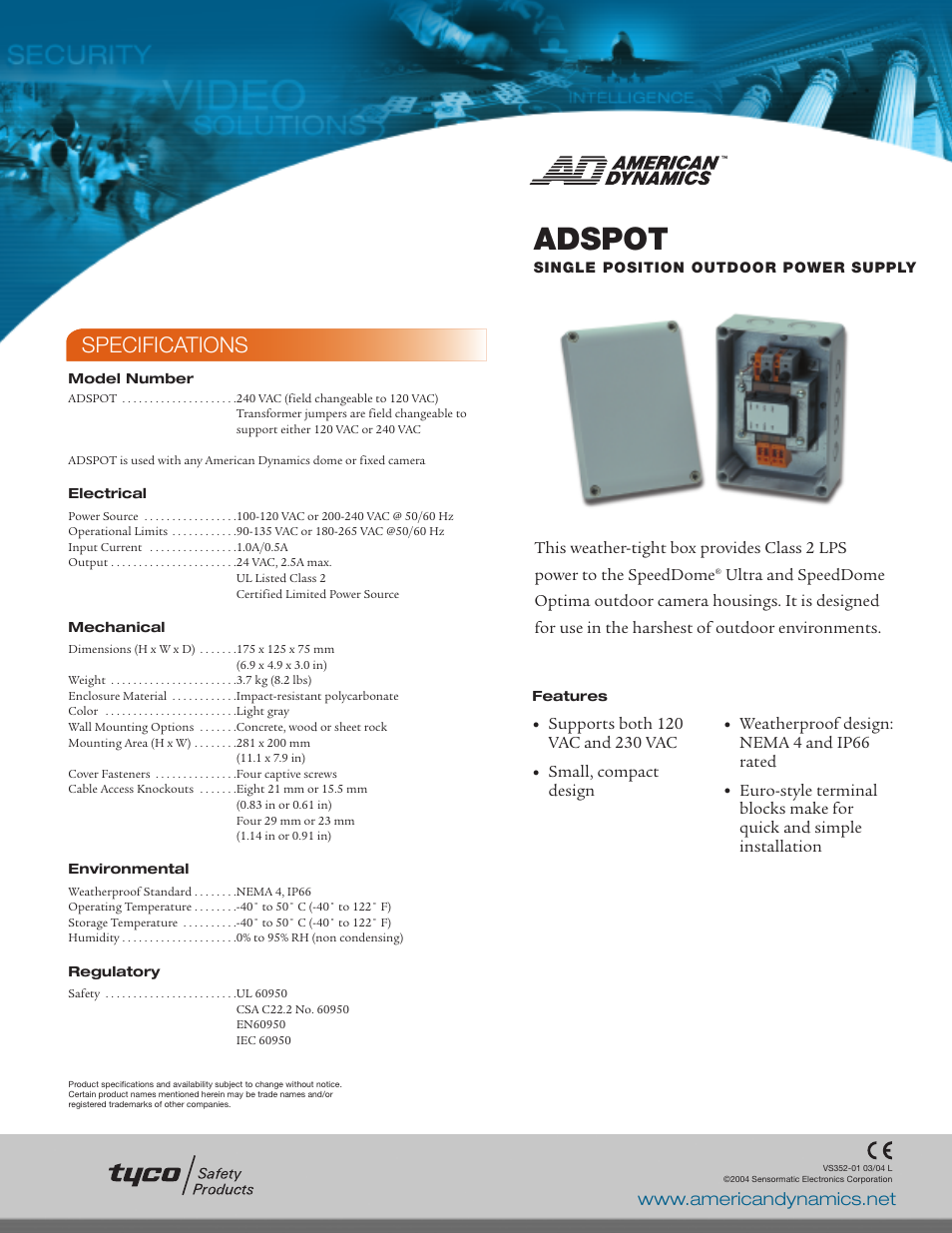American Dynamics Tyco ADSPOT User Manual | 1 page
