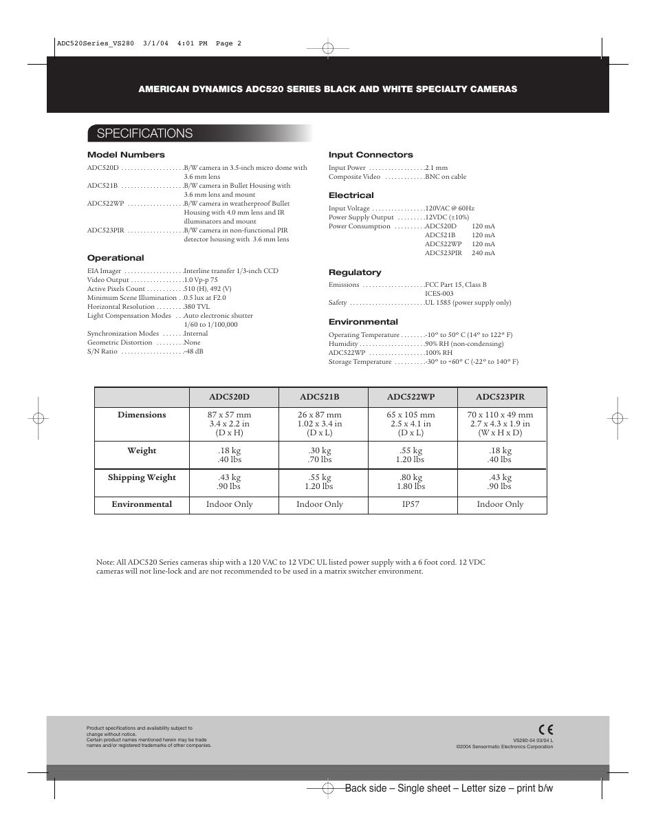 Specifications, Back side – single sheet – letter size – print b/w | American Dynamics Tyco ADC520 Series User Manual | Page 2 / 2