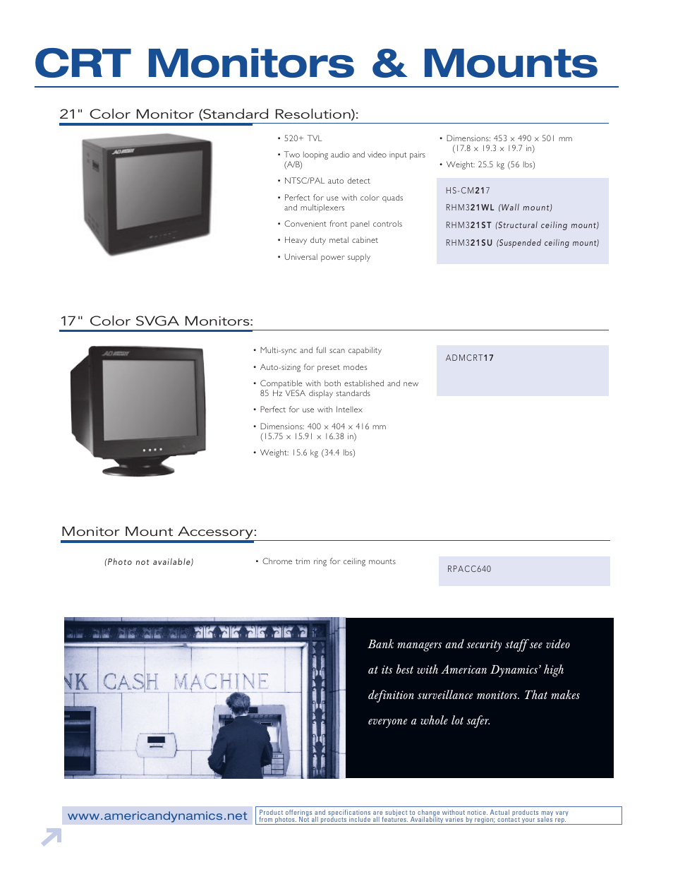 Crt monitors & mounts, Monitor mount accessory, 17" color svga monitors | 21" color monitor (standard resolution) | American Dynamics LCD User Manual | Page 10 / 10