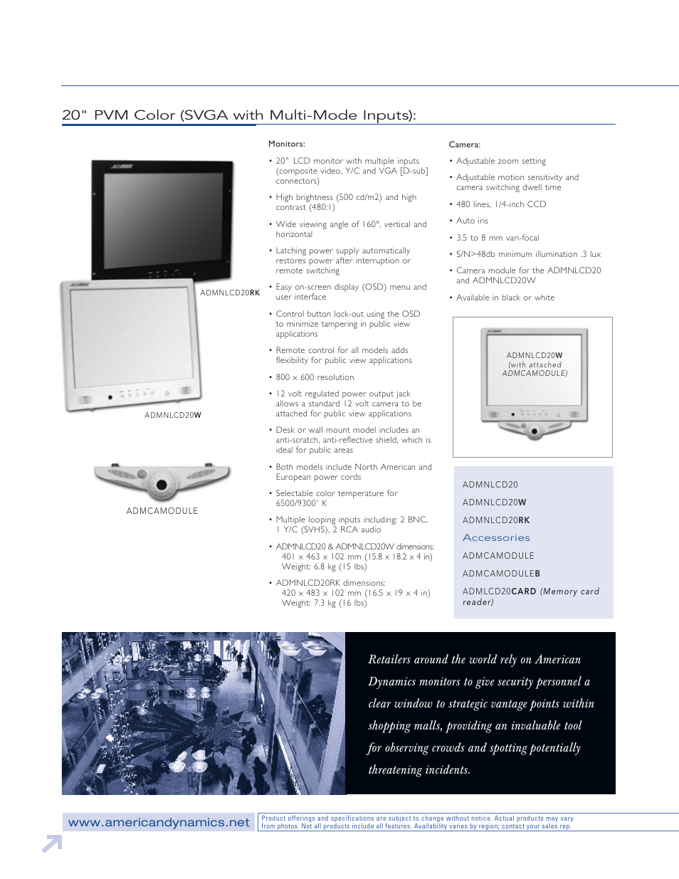 Pvm monitors, Mounts, 20" pvm color (svga with multi-mode inputs) | American Dynamics LCD User Manual | Page 6 / 10