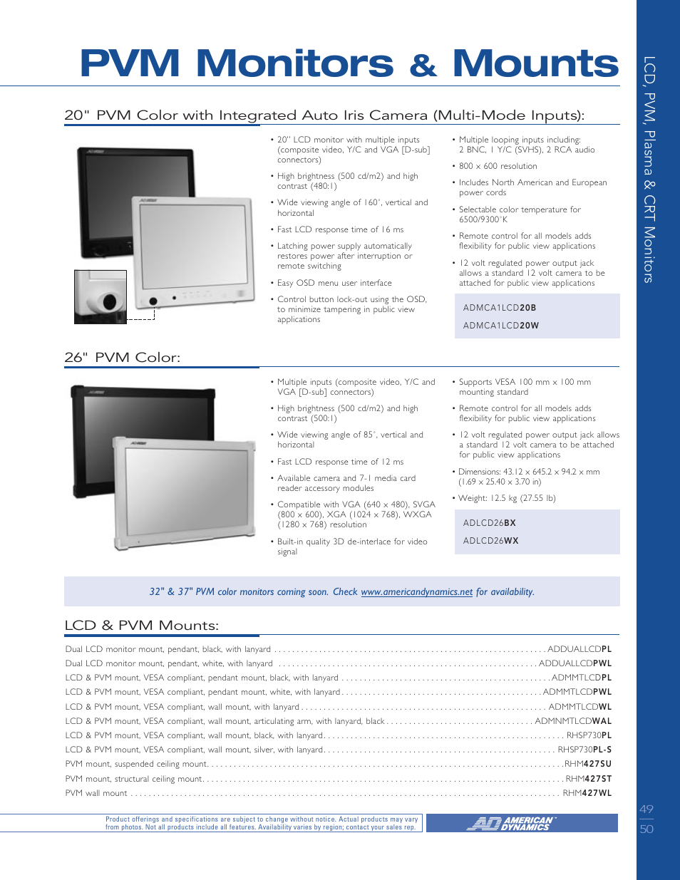 Public view monitors & mounts, Pvm monitors, Mounts | Lcd, pvm, plasma & crt monitors, Lcd & pvm mounts, 26" pvm color | American Dynamics LCD User Manual | Page 7 / 10