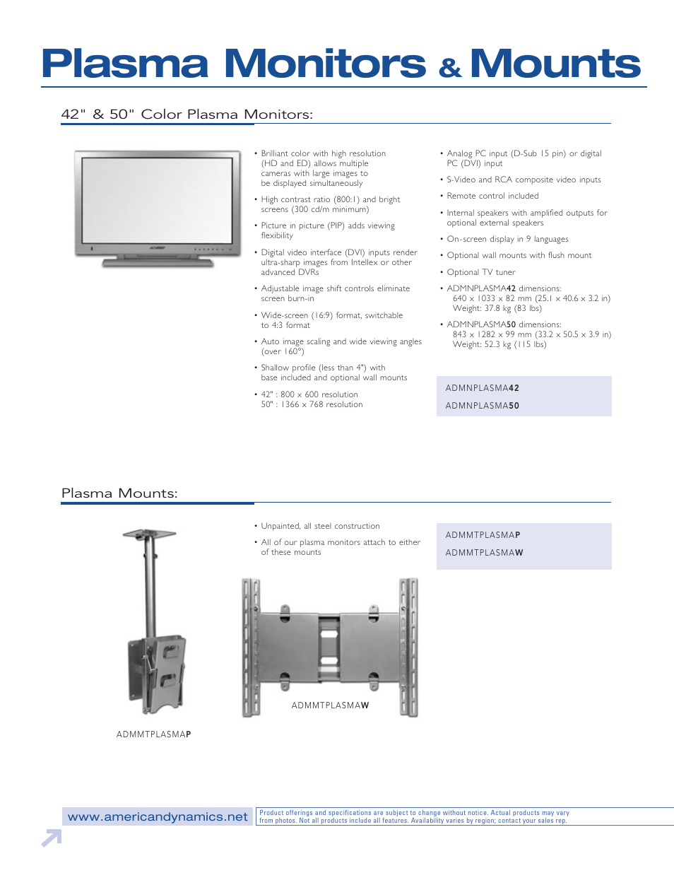Plasma monitors & mounts, Plasma monitors, Mounts | Plasma mounts, 42" & 50" color plasma monitors | American Dynamics LCD User Manual | Page 8 / 10