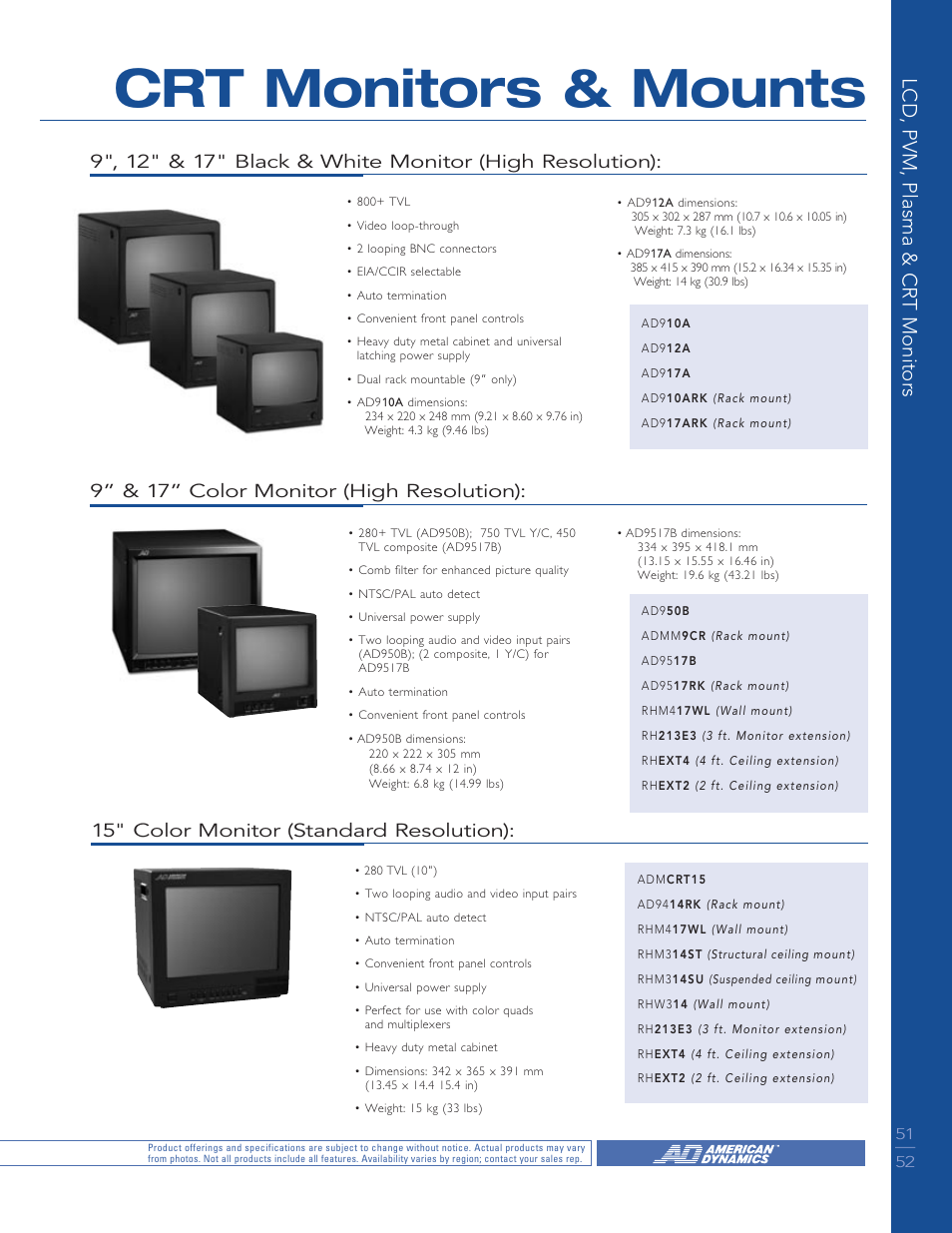 Crt monitors & mounts, Lcd, pvm, plasma & crt monitors, 9” & 17” color monitor (high resolution) | 15" color monitor (standard resolution) | American Dynamics LCD User Manual | Page 9 / 10