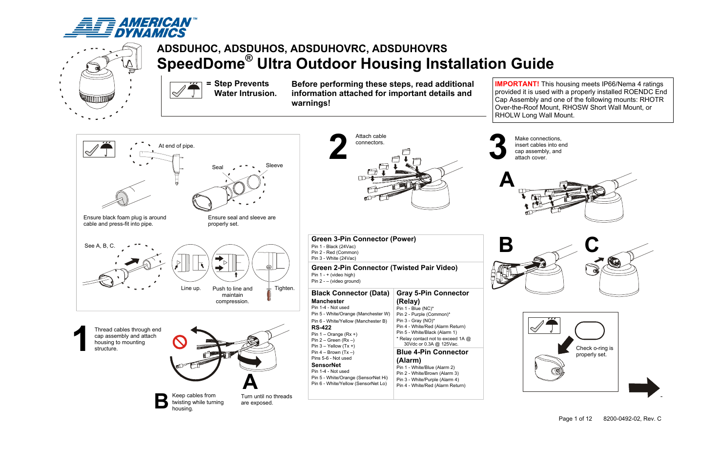 American Dynamics SpeedDome Ultra Outdoor Housing ADSDUHOVRS User Manual | 12 pages
