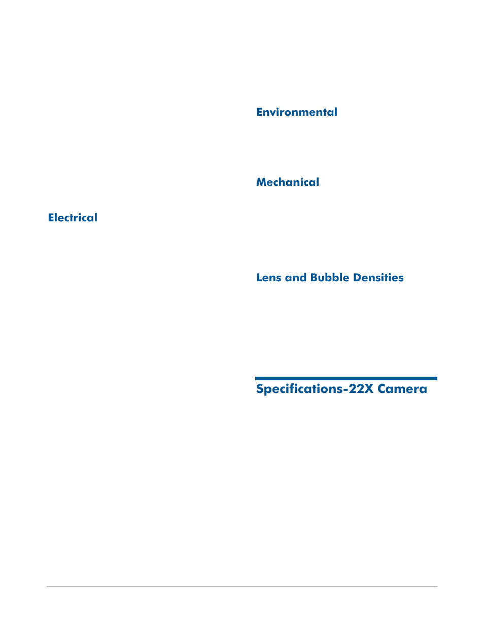 Electrical, Environmental, Mechanical | Lens and bubble densities, Specifications-22x camera | American Dynamics RAS915 User Manual | Page 11 / 13