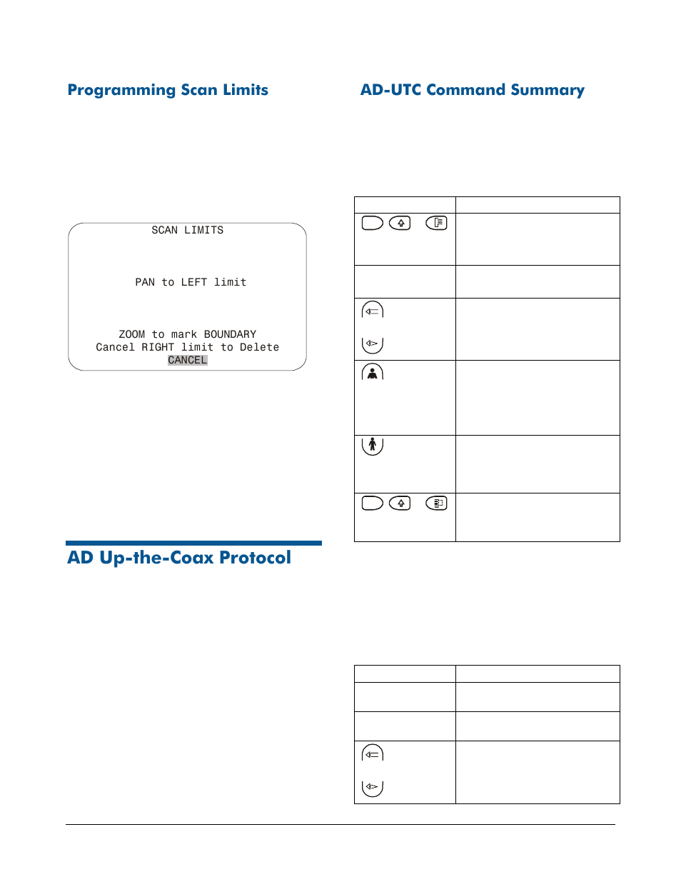 Programming scan limits, Ad up-the-coax protocol, Ad-utc command summary | American Dynamics RAS915 User Manual | Page 5 / 13