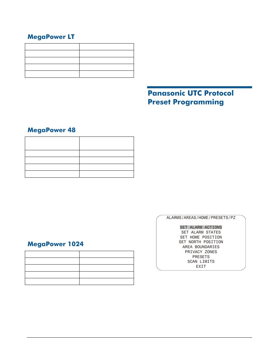 Megapower lt, Megapower 48, Megapower 1024 | Panasonic utc protocol preset programming | American Dynamics RAS915 User Manual | Page 9 / 13