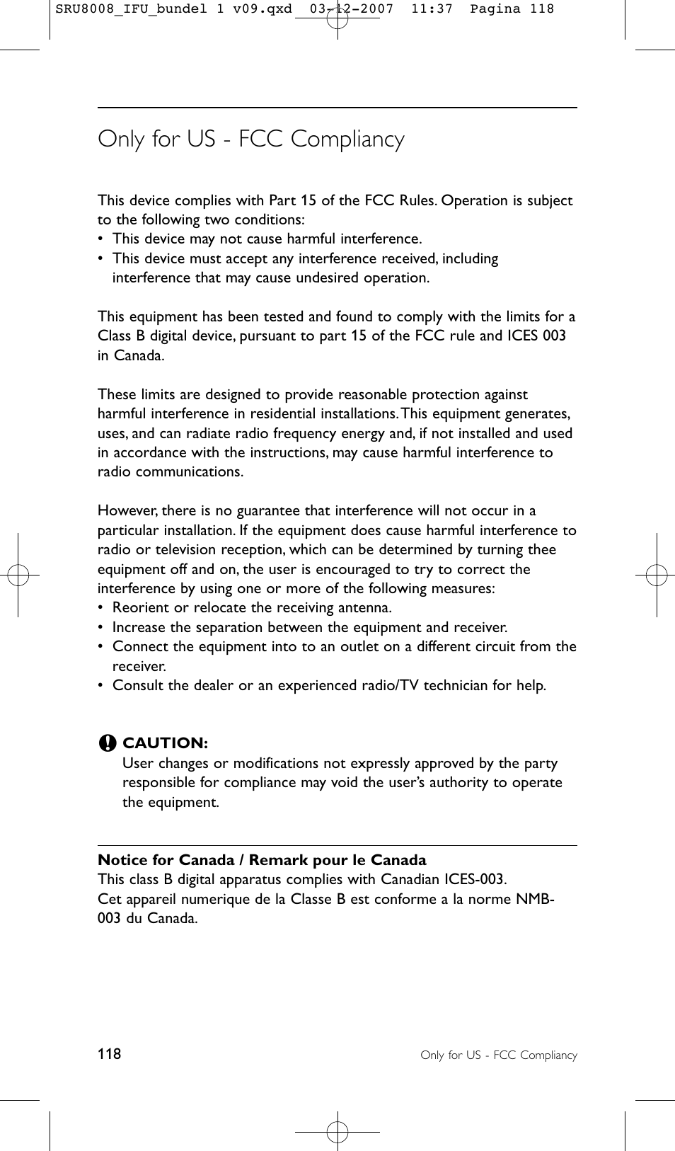 Only for us - fcc compliancy | Philips Prestigo Universal-Fernbedienung User Manual | Page 118 / 124