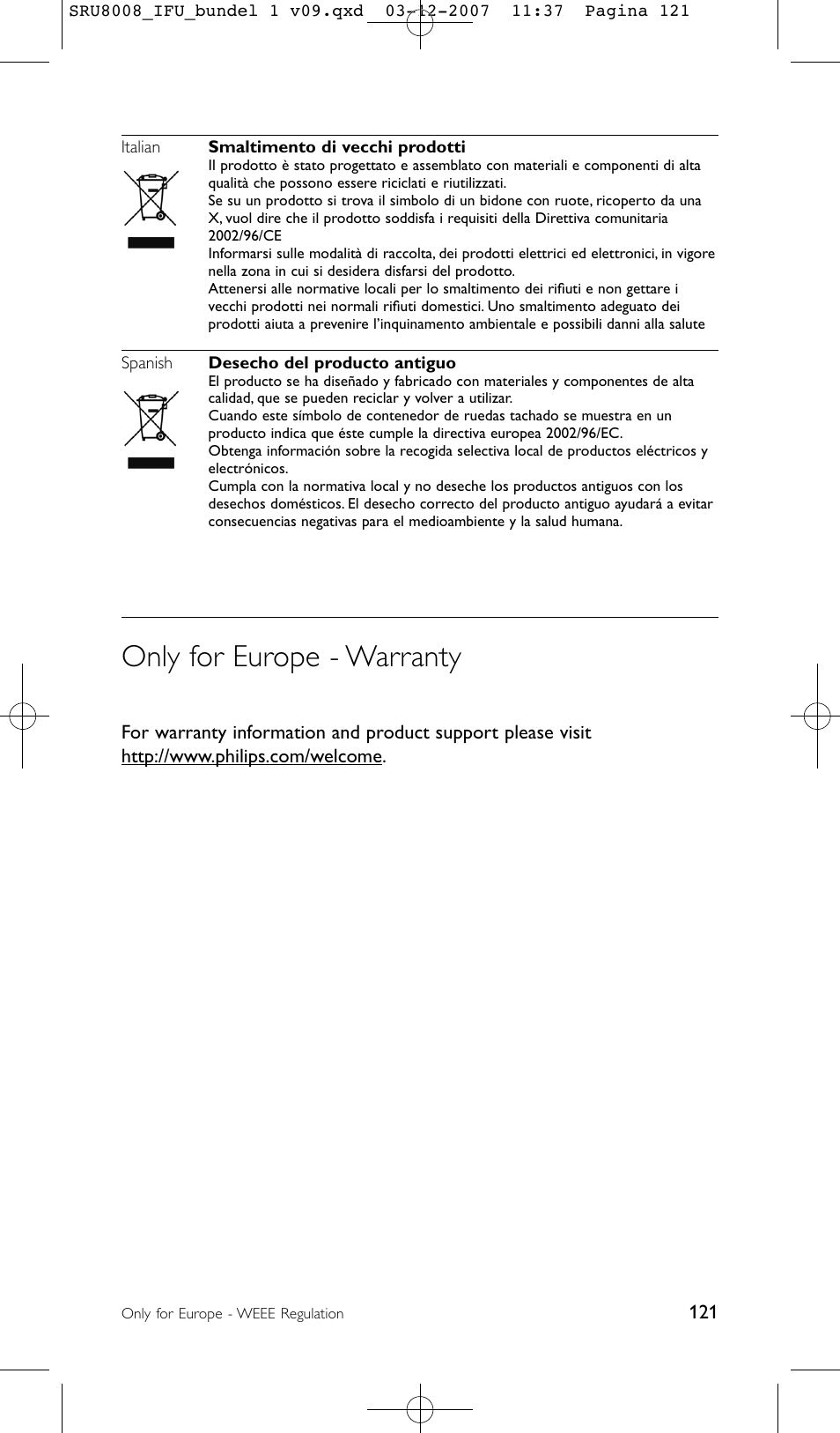 Only for europe - warranty | Philips Prestigo Universal-Fernbedienung User Manual | Page 121 / 124