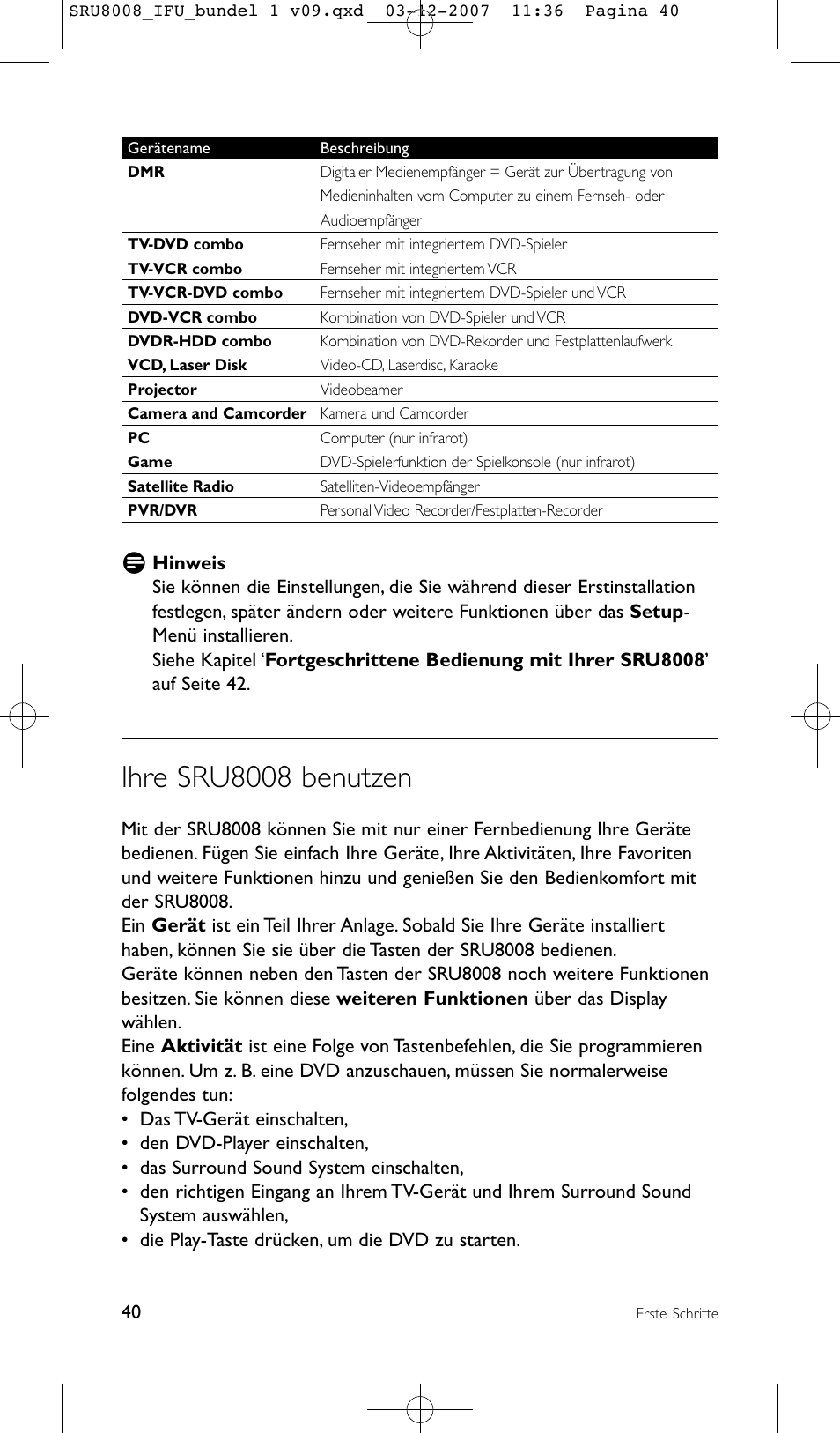 Ihre sru8008 benutzen | Philips Prestigo Universal-Fernbedienung User Manual | Page 40 / 124