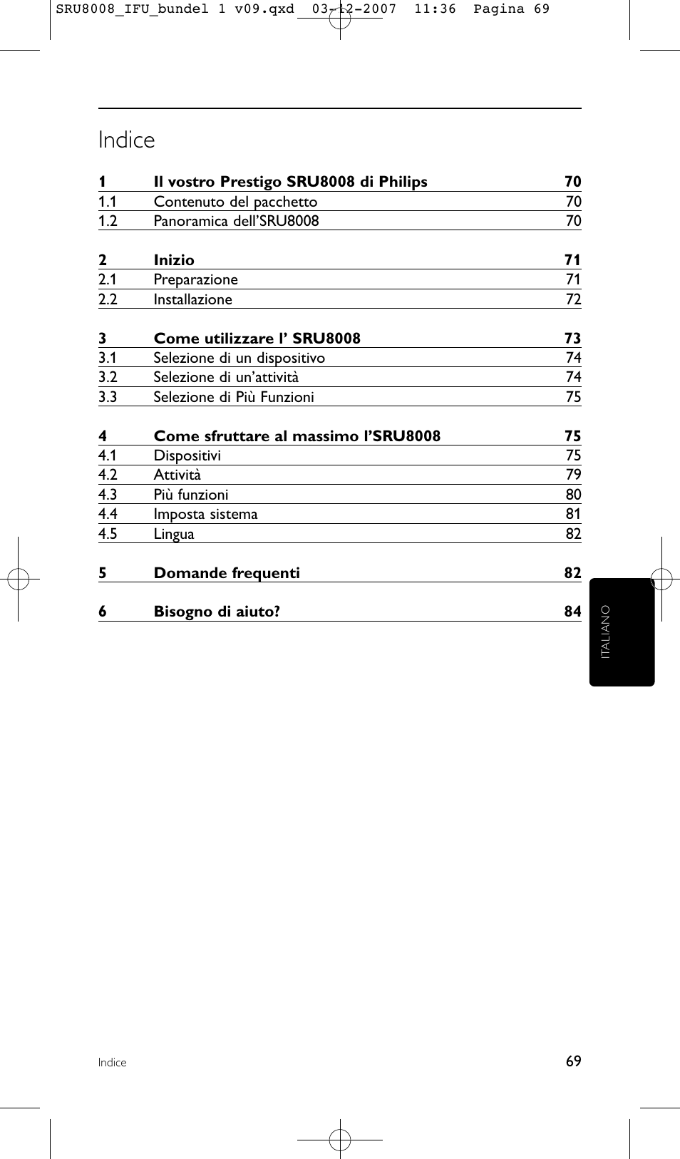 Indice | Philips Prestigo Universal-Fernbedienung User Manual | Page 69 / 124