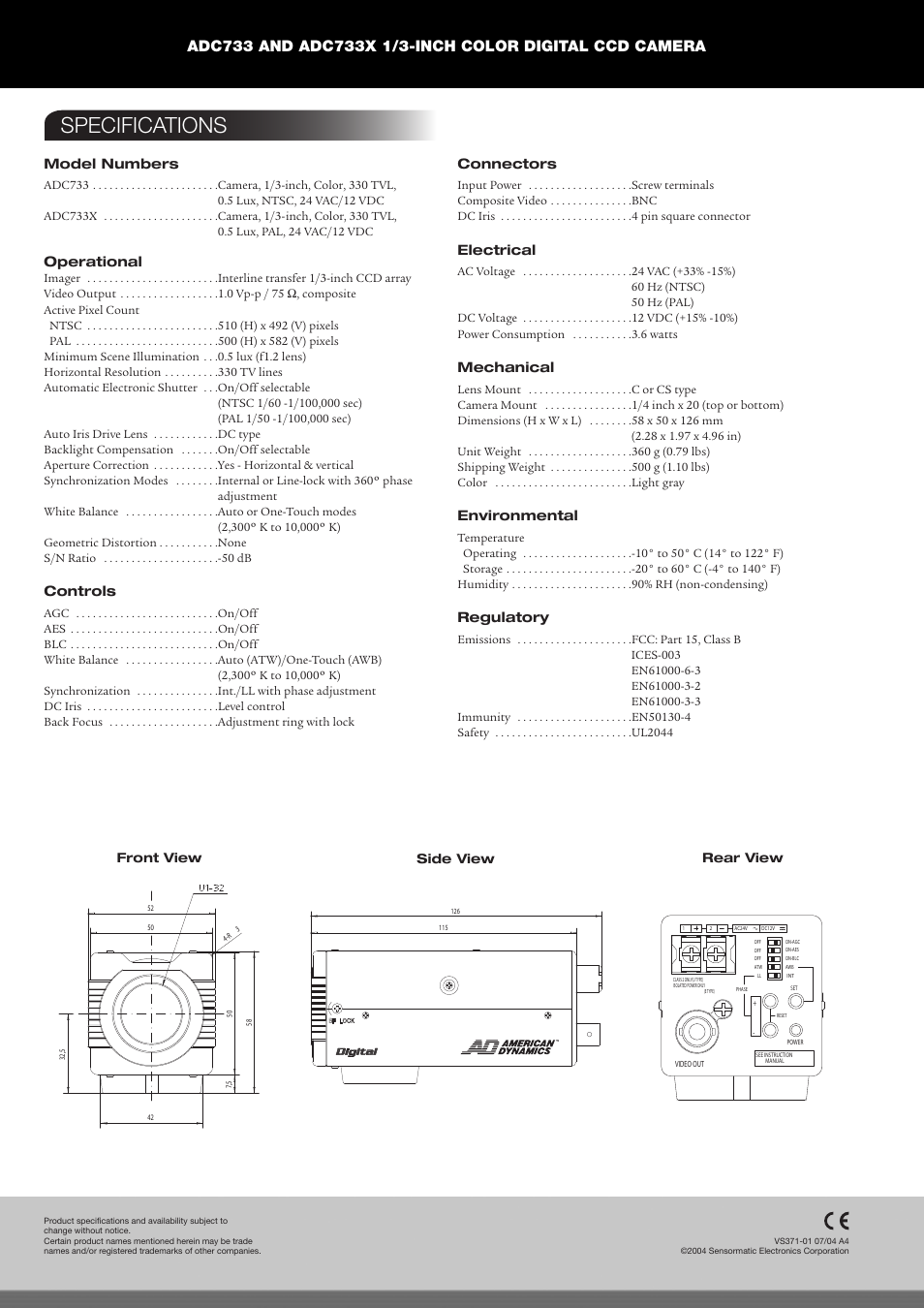 Specifications, Model numbers, Operational | Controls, Connectors, Electrical, Mechanical, Environmental, Regulatory | American Dynamics ADC733X User Manual | Page 2 / 2