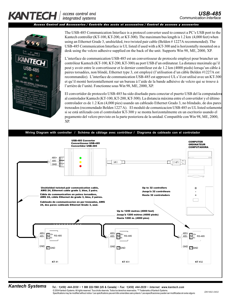 Kantech USB-485 User Manual | 2 pages